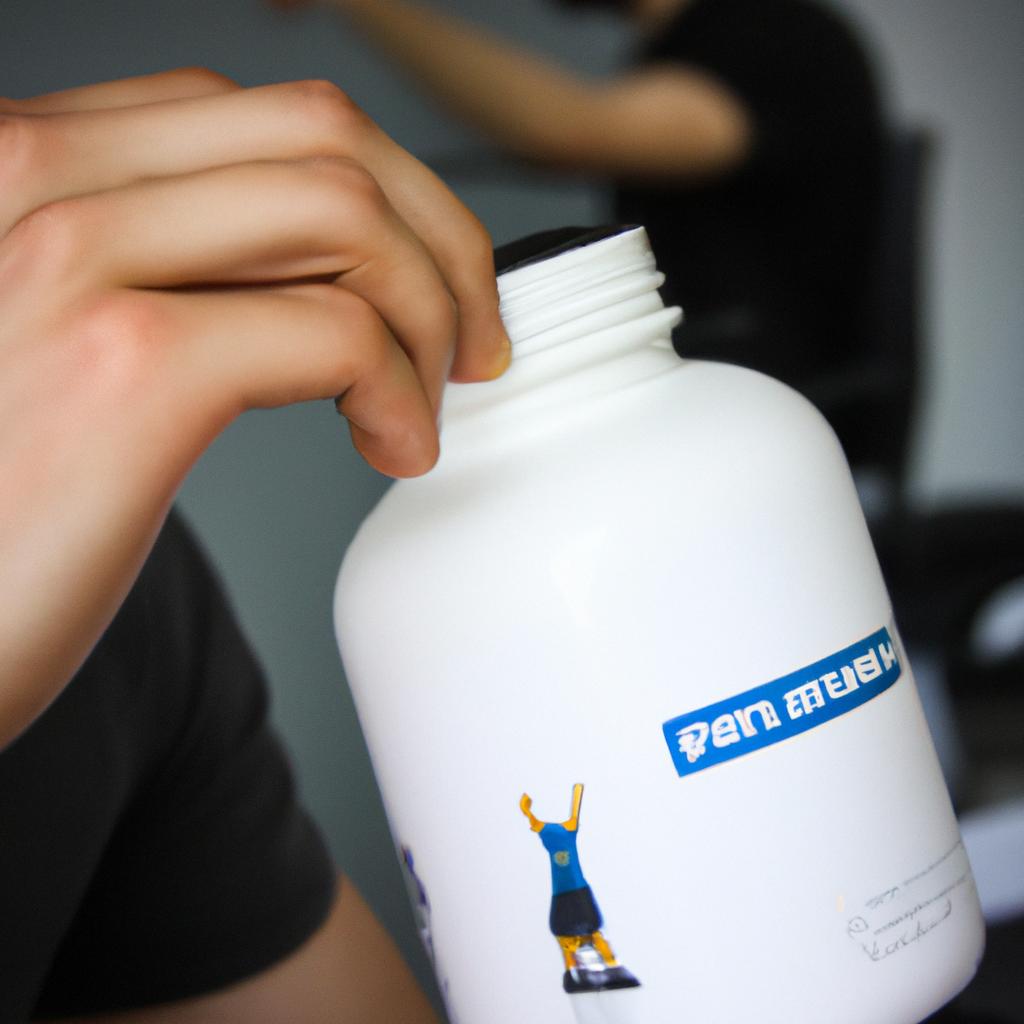 Person exercising with supplements bottle